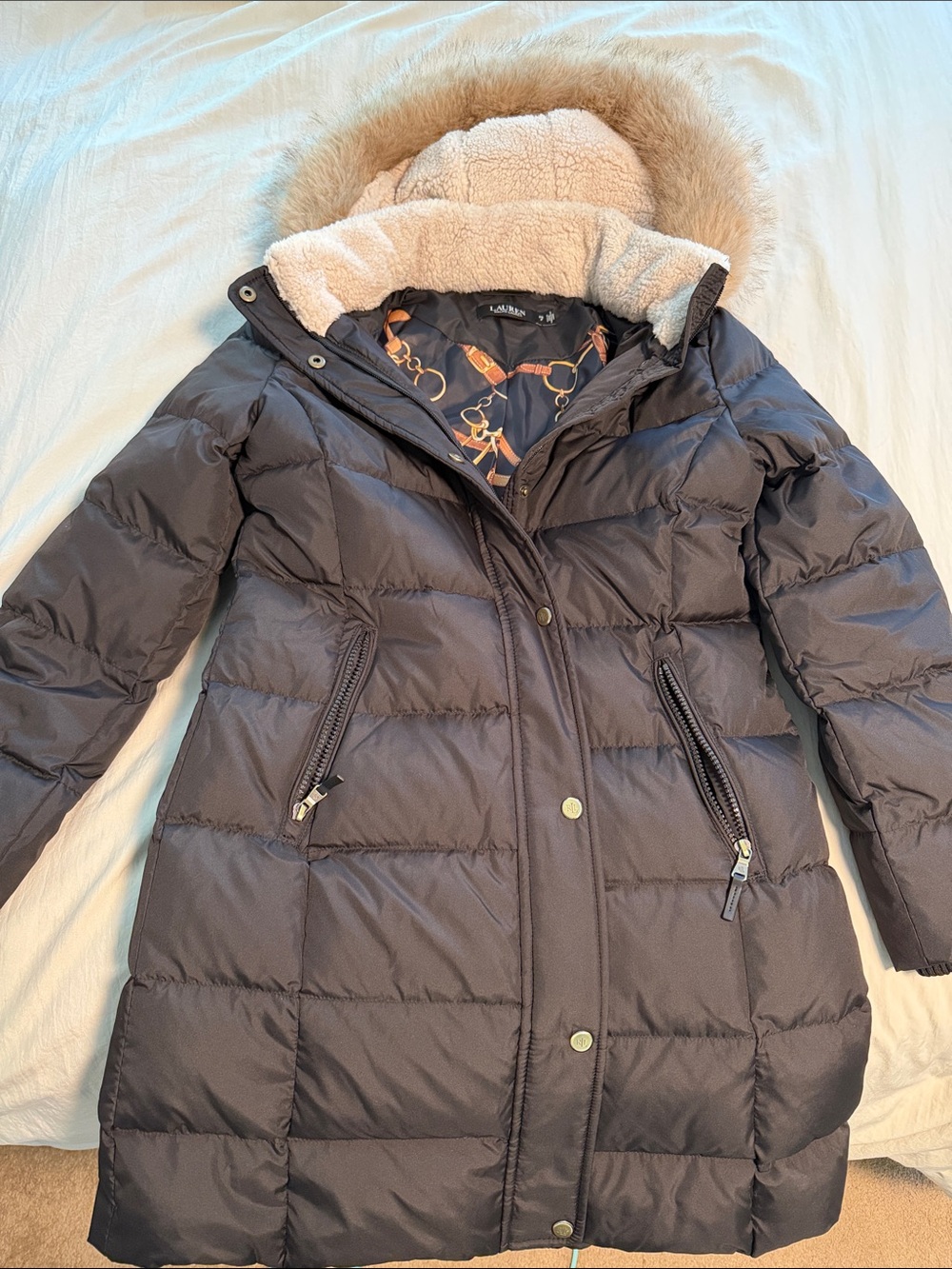 Ralph Lauren black Quilted Puffer Coat with Faux Fur Trim